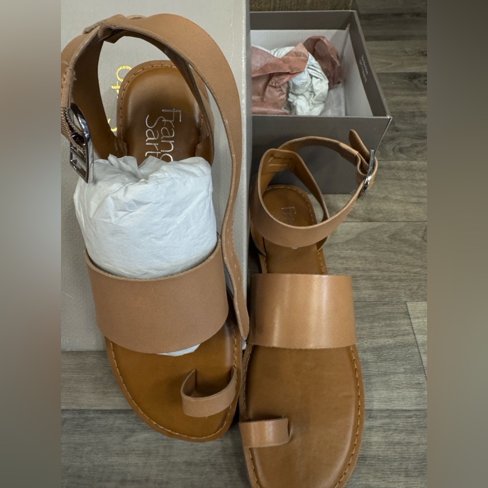 Franco Sarto Tan Leather Ankle-Strap Toe Loop Sandals